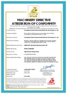 Fussen CE certificate for high pressure plunger pumps, EU Machinery Directive 2006/42/EC